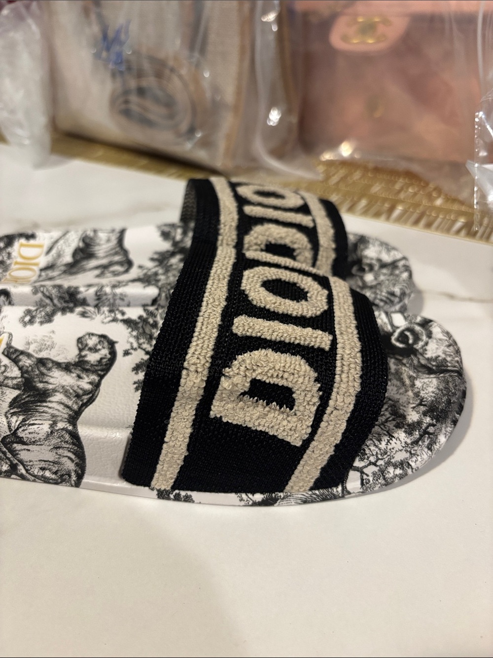 Fashion slides  Black, Cream and Gold Embroidered Logo Slide Sandals - Picture 4 of 6